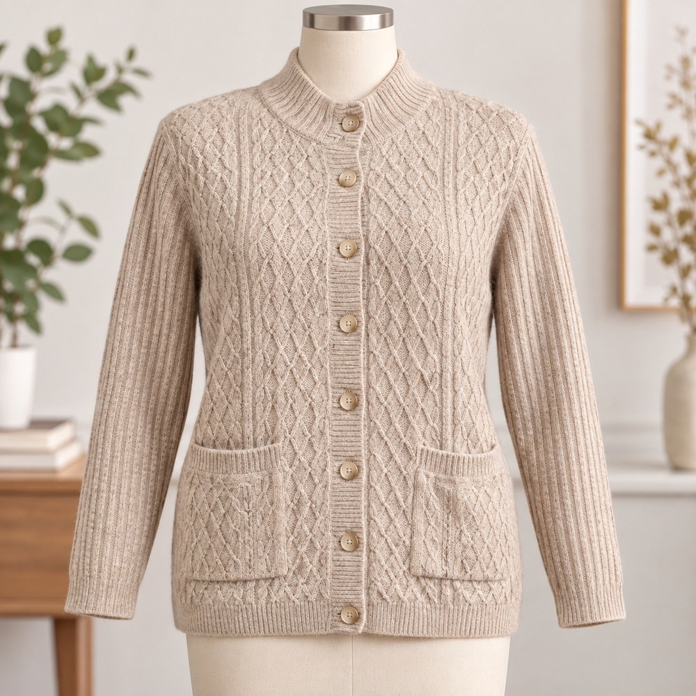 Elisabeth Liz Claiborne Cardigan Sweater Womens 1 Beige Cable Knit Wool Blend